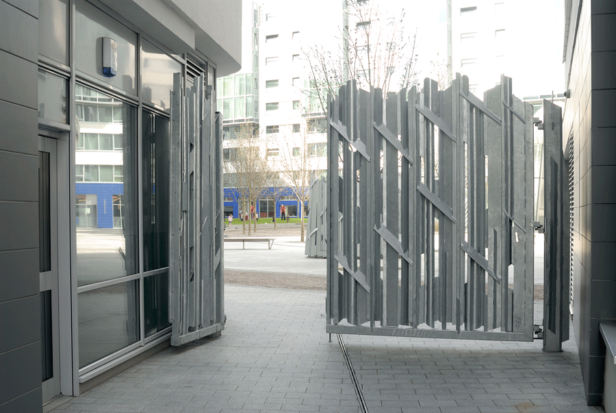 Vent surrounds and gates for a public art commission, galvanized steel