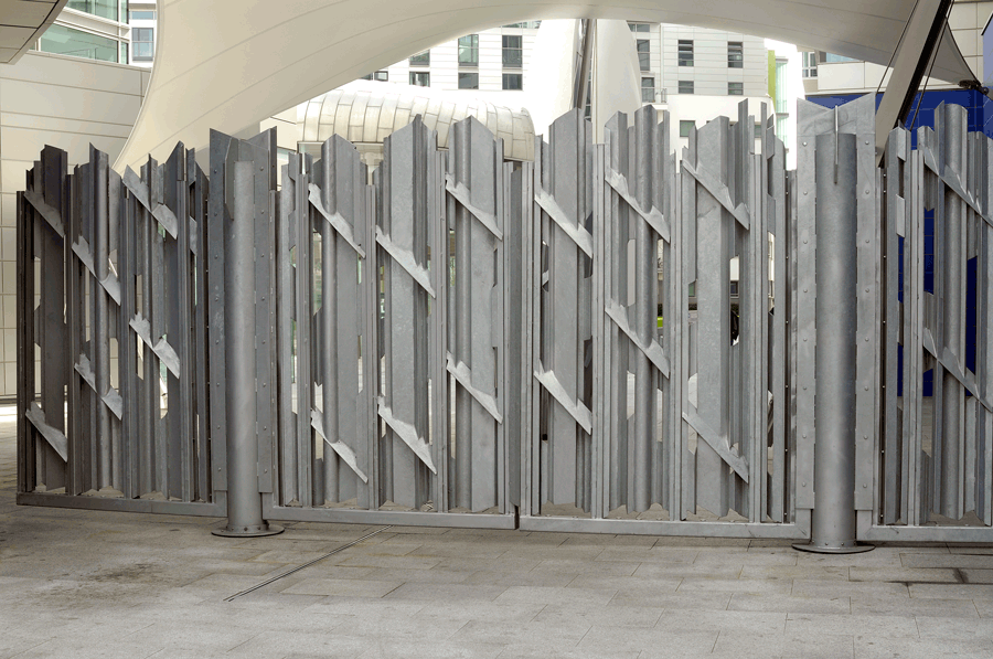 Vent surrounds and gates for a public art commission, galvanized steel