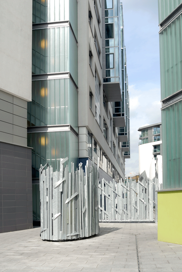 Vent surrounds and gates for a public art commission, galvanized steel