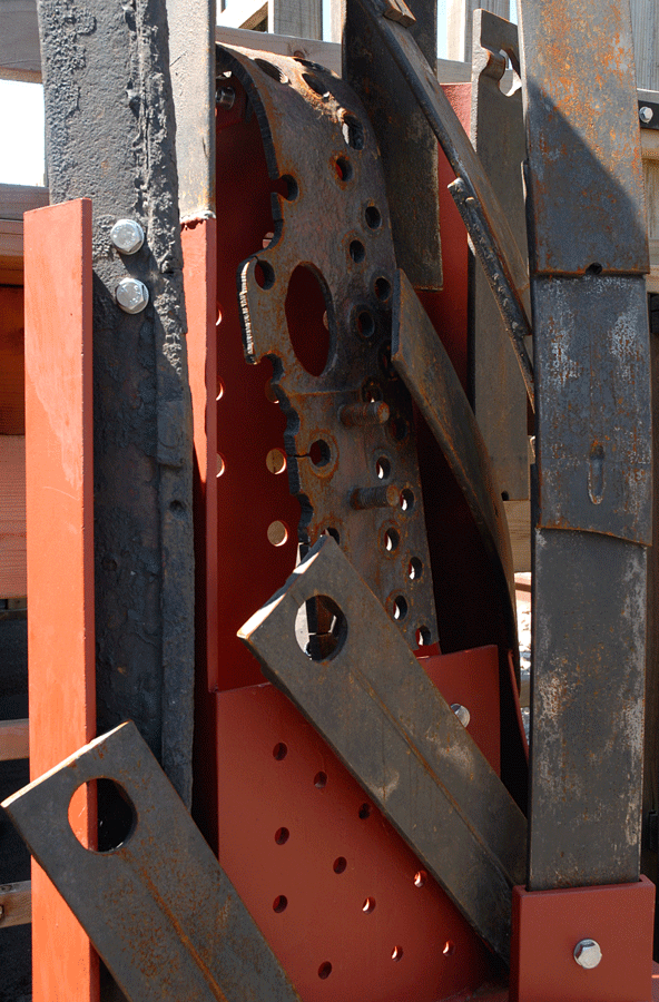 Reclaimed iron and steel Bluebell Railway sculpture commission. on site. Close up.